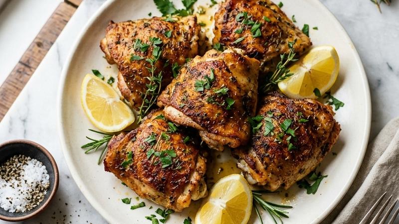 Golden brown crispy air fryer chicken thighs with perfectly seasoned skin on a white plate