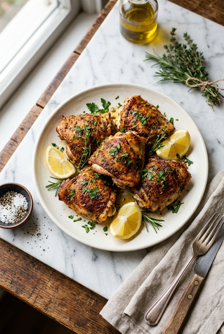 Golden brown crispy air fryer chicken thighs with perfectly seasoned skin on a white plate