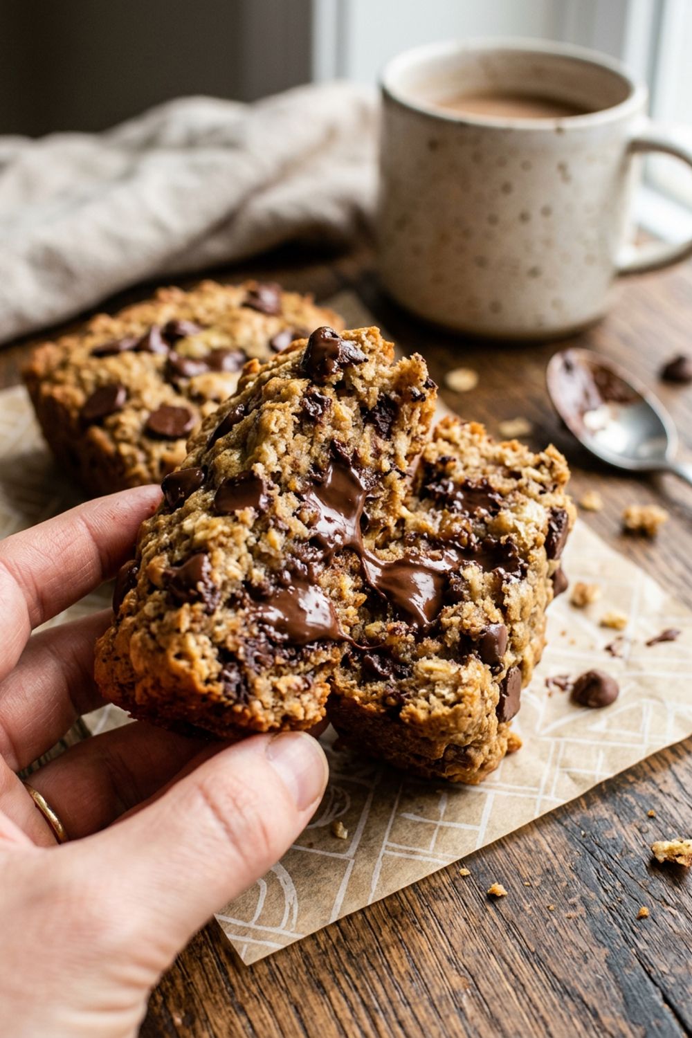 Banana chocolate chip bar batter being spread in a parchment-lined baking pan