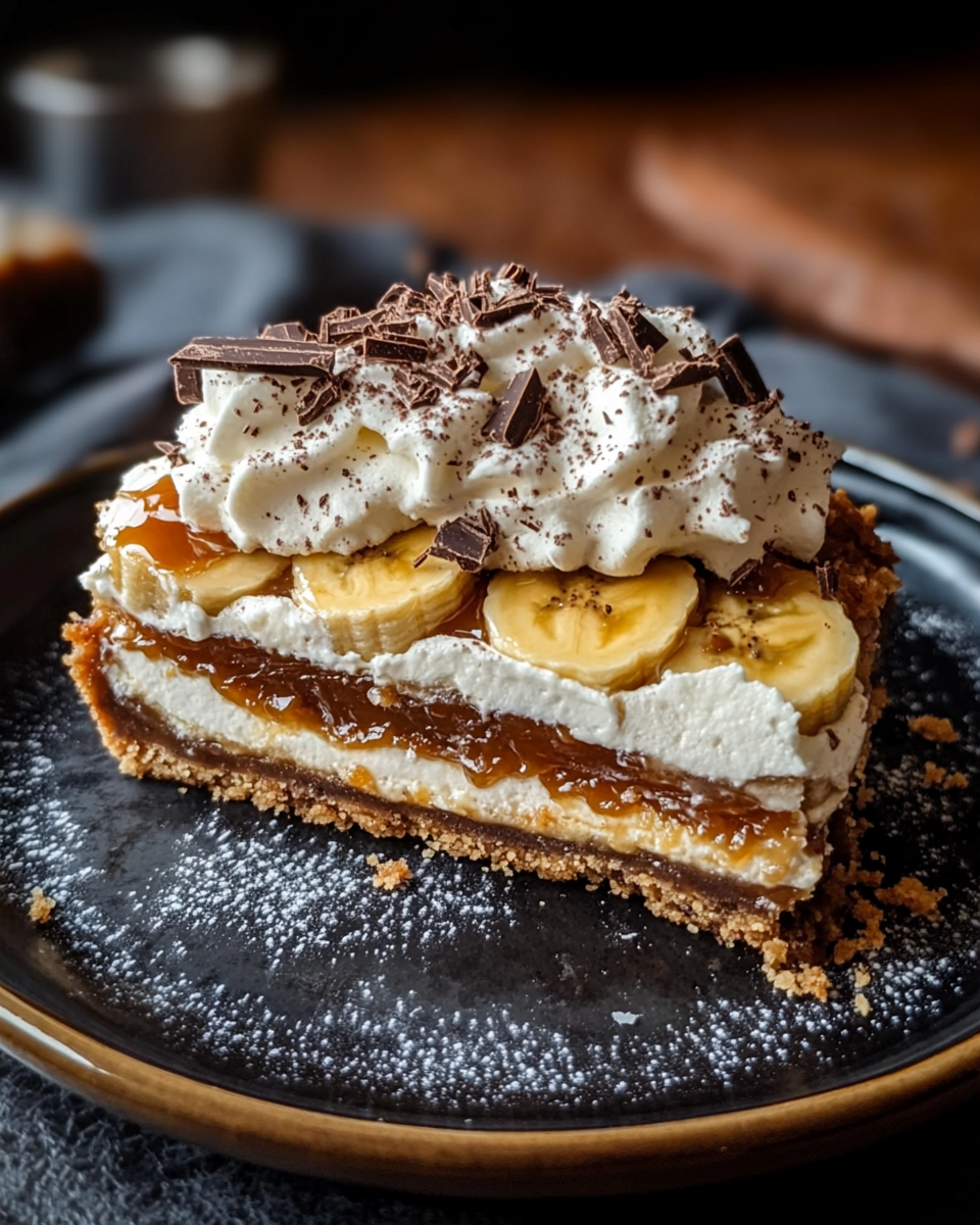 Close-up side view of a slice of banoffee pie showing distinct layers of golden digestive biscuit crust, rich caramel toffee, fresh banana slices, and fluffy whipped cream topped with dark chocolate shavings