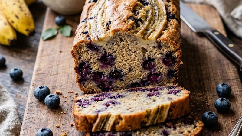 Sliced blueberry banana bread showing purple blueberry swirls and moist golden crumb