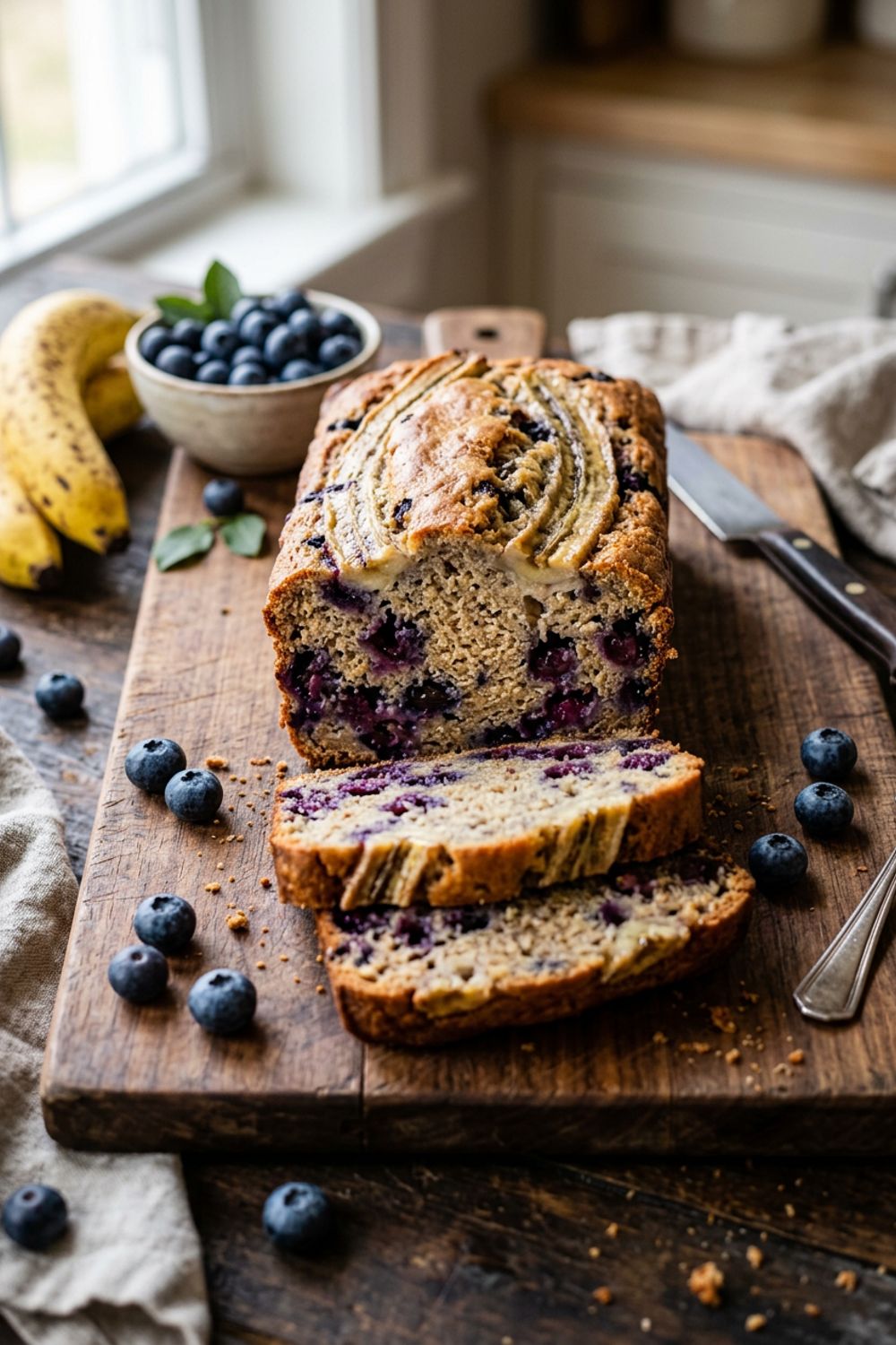 Sliced blueberry banana bread showing purple blueberry swirls and moist golden crumb