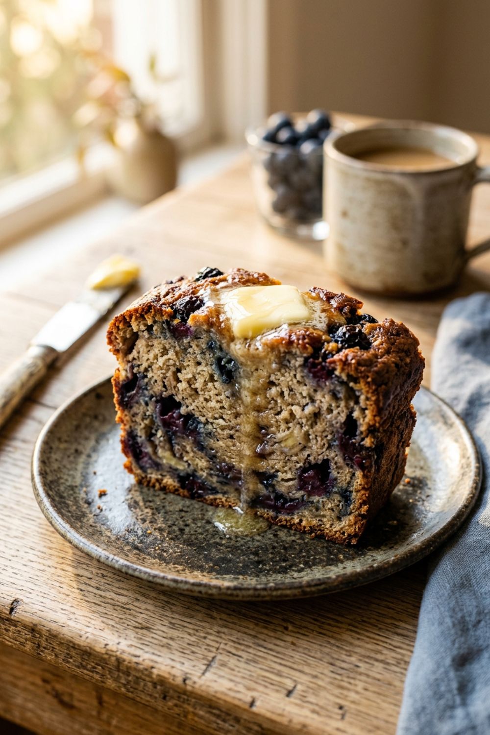 Blueberry banana bread batter in a loaf pan before baking with blueberries on top