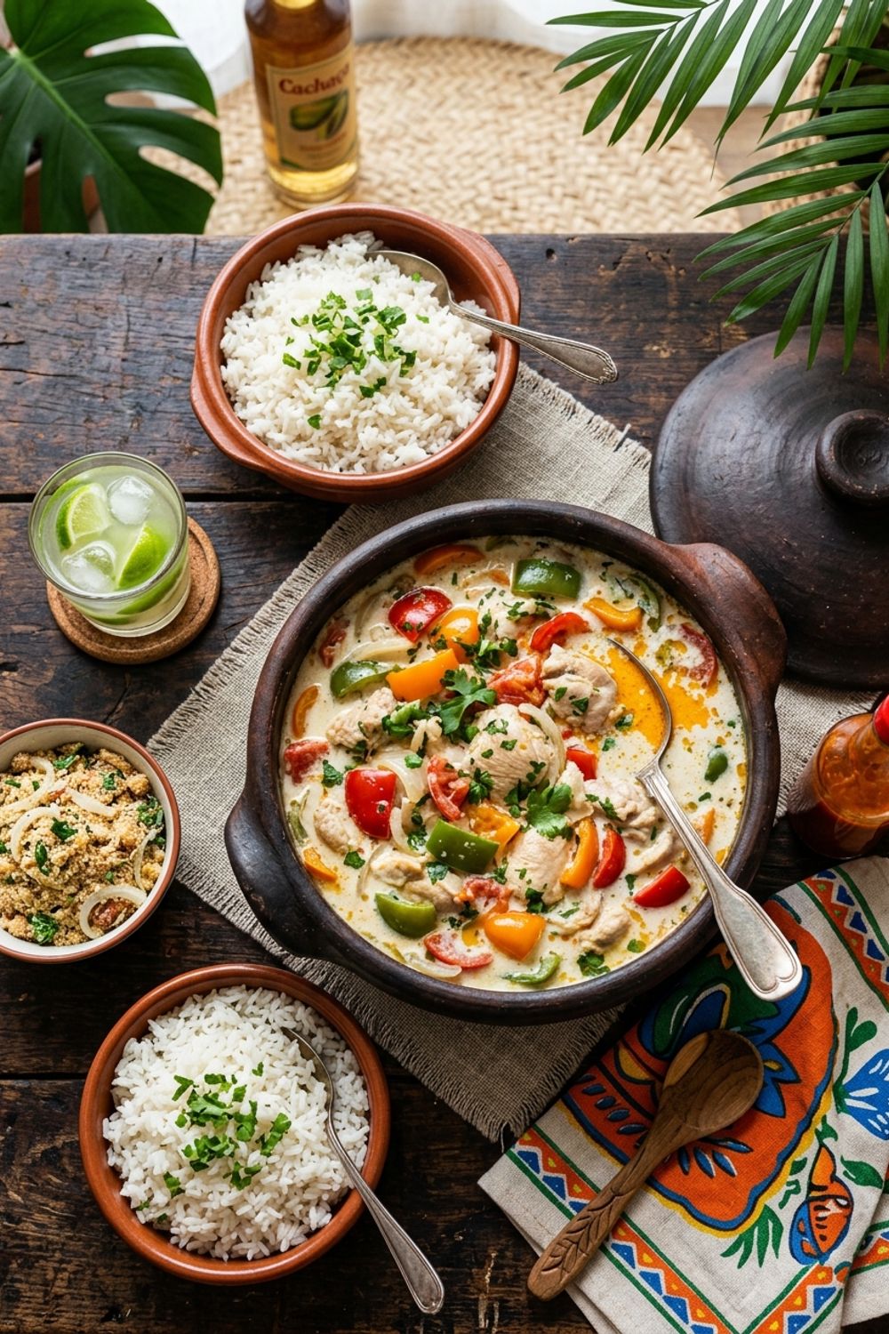 A vibrant pot of Brazilian coconut chicken with golden sauce, fresh cilantro, and lime wedges served over white rice