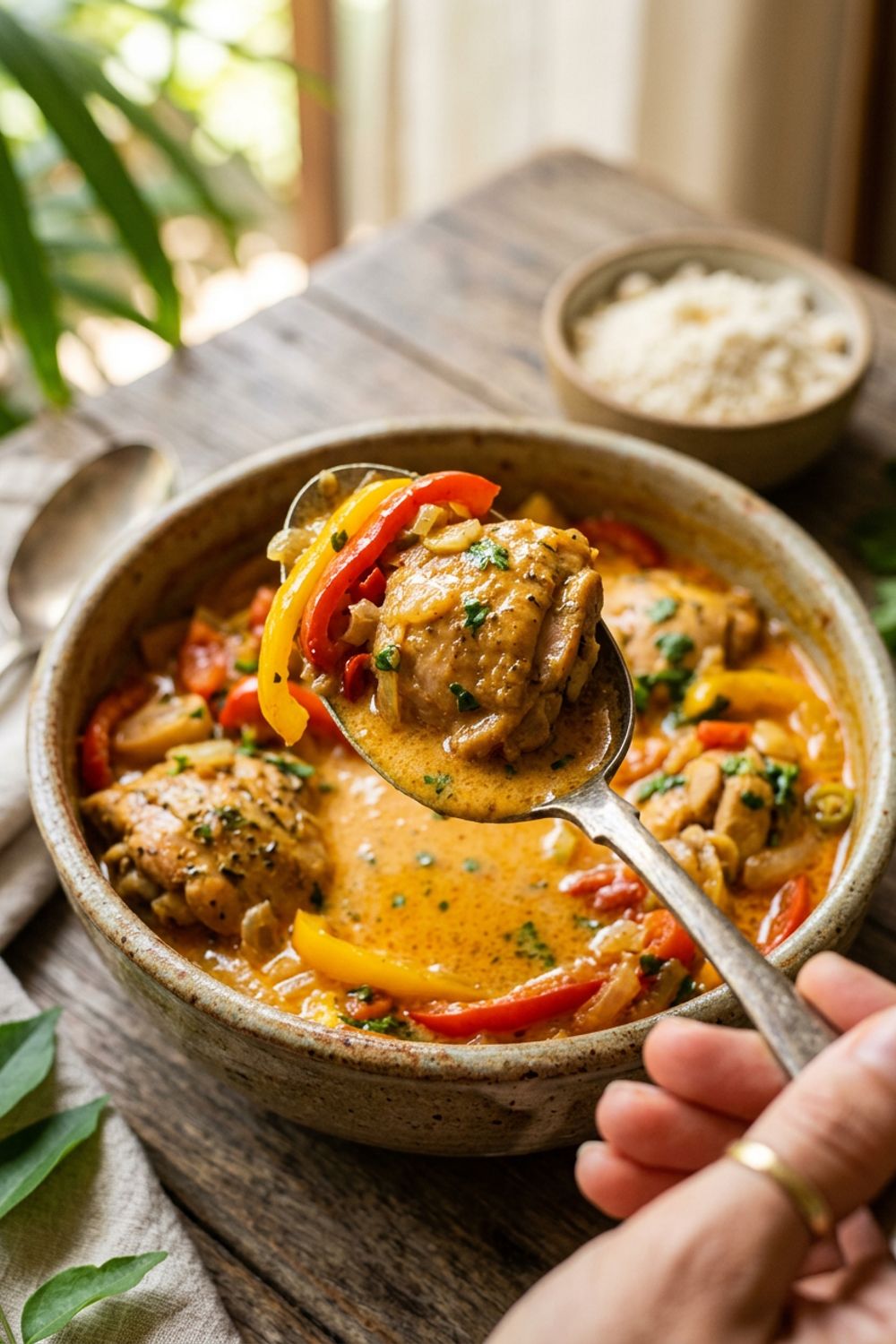 Close-up of the golden coconut sauce with chunks of tender chicken and colorful bell peppers