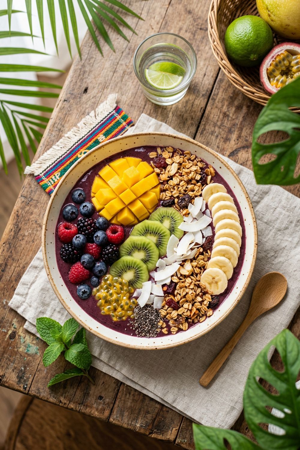 A thick purple acai smoothie bowl topped with sliced banana, granola, coconut flakes, and fresh berries