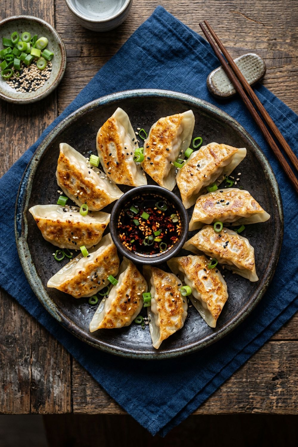 Rows of golden pan-fried gyoza dumplings with crispy lacy edges on a white rectangular plate with dipping sauce