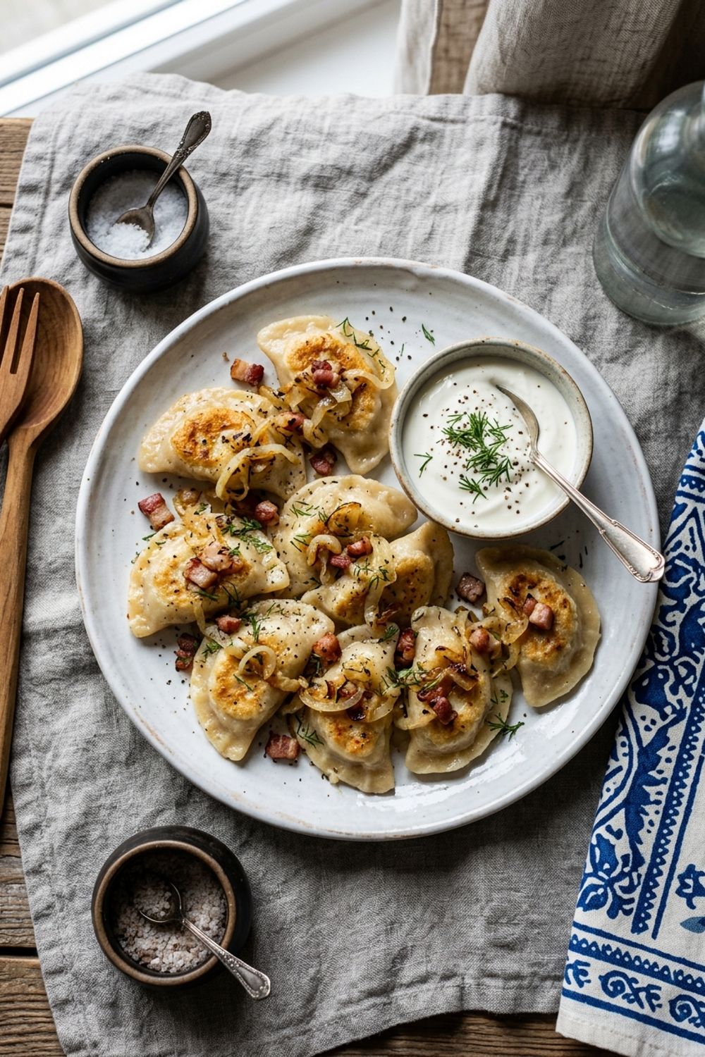 Golden pan-fried Polish pierogi dumplings on a blue plate topped with caramelized onions and sour cream