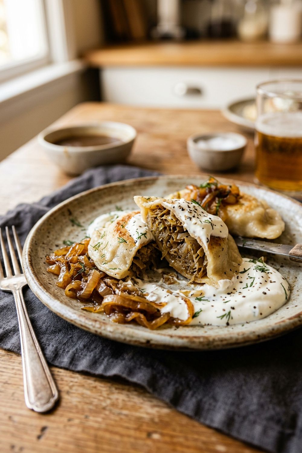 Close-up of pierogi dumplings being crimped with a fork on a floured wooden board