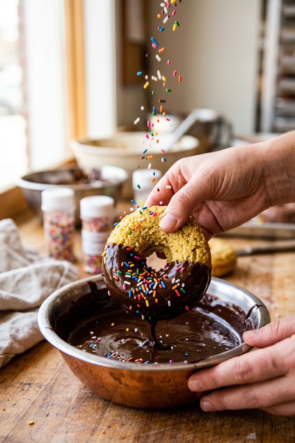 Cake donut dough being cut with a round cutter on a floured surface