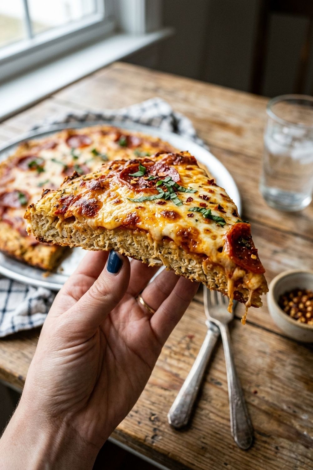 Canned chicken pizza crust before adding toppings showing the golden crispy surface