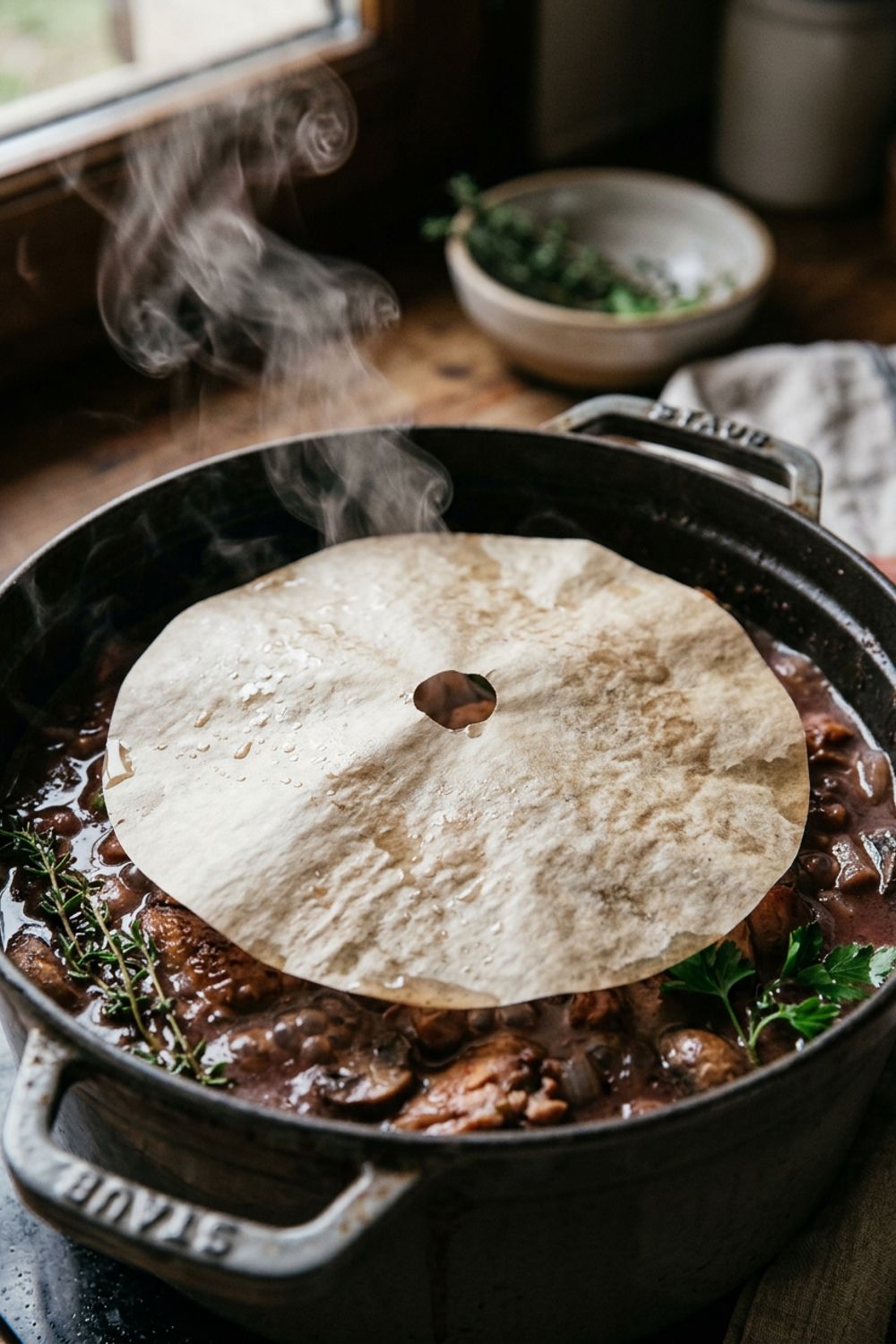 A step-by-step sequence showing parchment paper being folded and cut into a cartouche shape