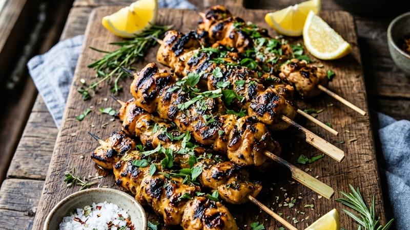 Golden-brown charcoal chicken skewers with Middle Eastern spices grilling over hot coals with visible char marks
