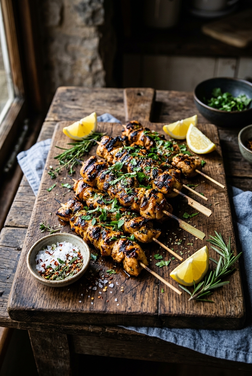 Golden-brown charcoal chicken skewers with Middle Eastern spices grilling over hot coals with visible char marks