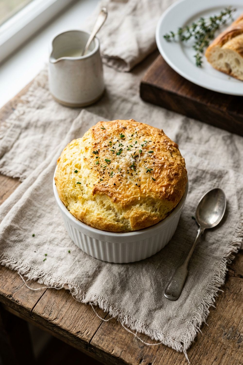 A perfectly risen golden cheese soufflé in a white ramekin on a linen napkin