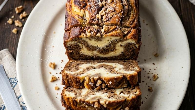 Sliced cheesecake banana bread showing cream cheese swirl running through the center of moist banana bread