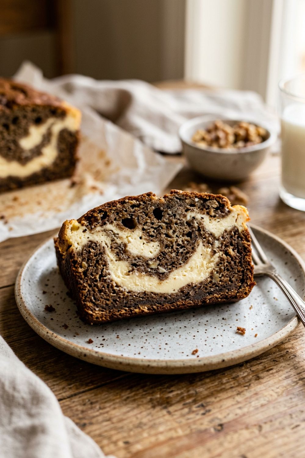Cheesecake filling being swirled into banana bread batter in a loaf pan with a knife