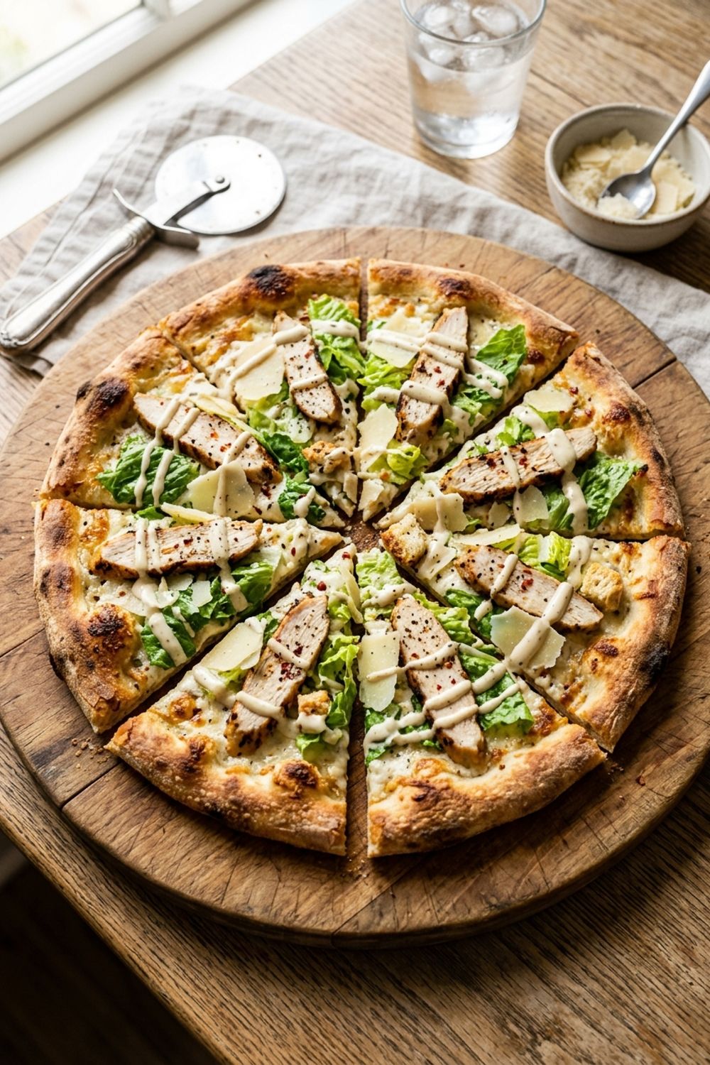 Chicken Caesar pizza topped with romaine lettuce, shaved parmesan, and grilled chicken slices
