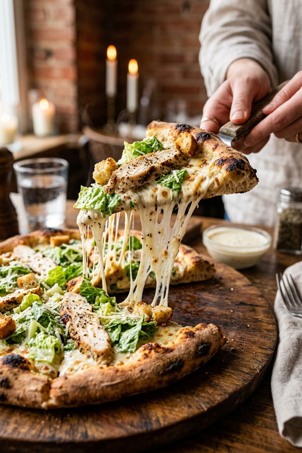 Chicken Caesar pizza slice showing layers of melted cheese, grilled chicken, and fresh romaine