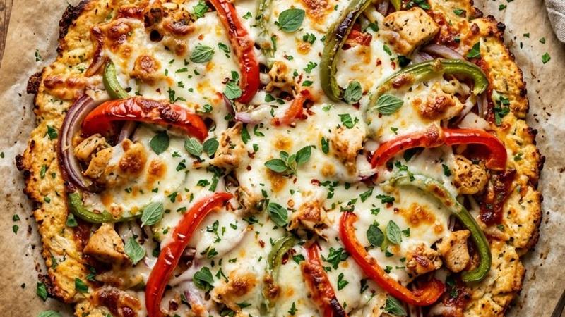 Chicken pizza crust topped with marinara, mozzarella, and fresh basil on parchment paper