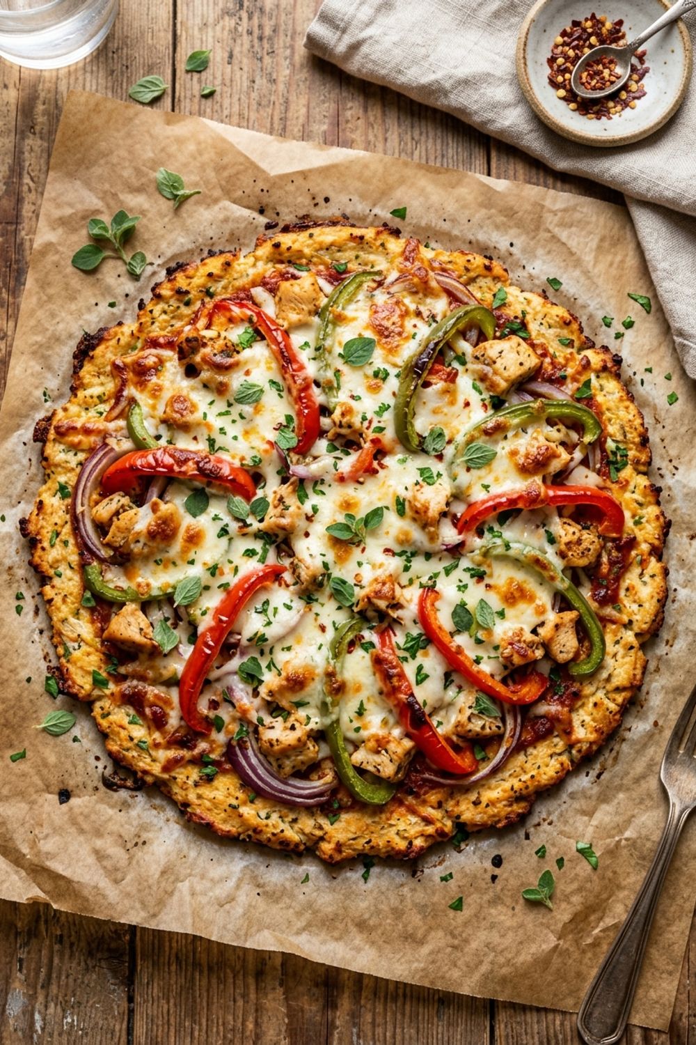 Chicken pizza crust topped with marinara, mozzarella, and fresh basil on parchment paper