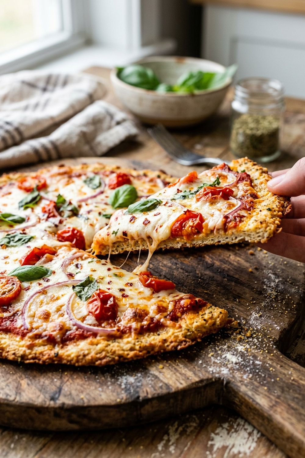 Chicken pizza crust being prepared with toppings on parchment paper