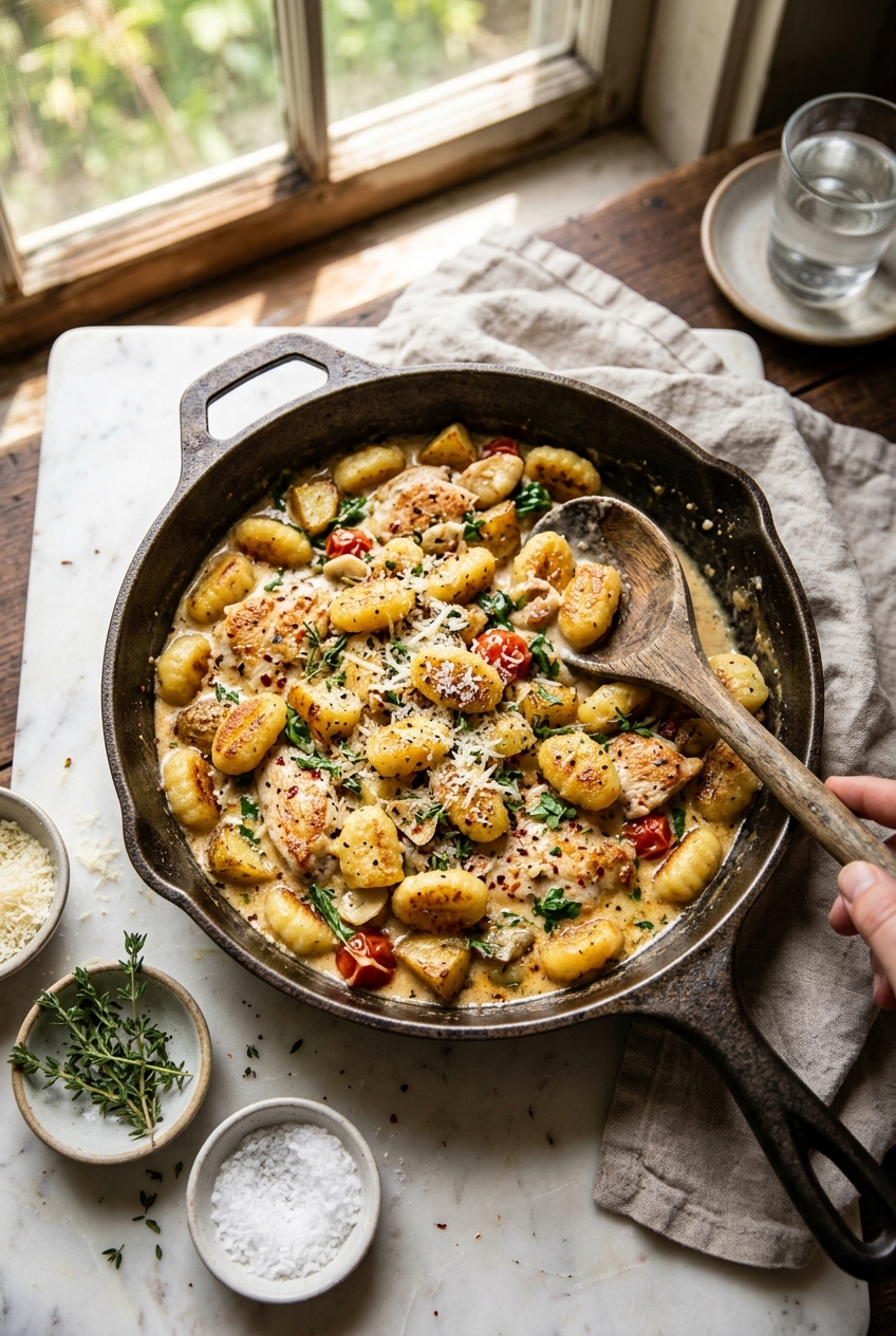 Creamy chicken potato gnocchi in a skillet with golden brown chicken pieces, pillowy homemade gnocchi, and rich cream sauce garnished with fresh parsley
