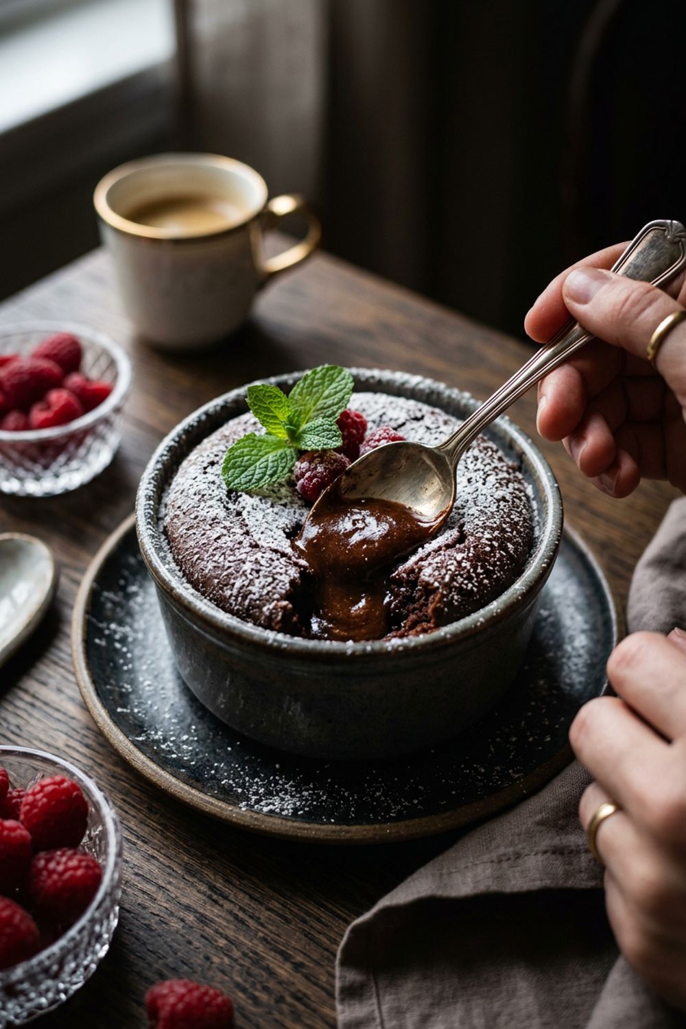 Chocolate lava cake on a white plate with molten chocolate center flowing out, dusted with powdered sugar