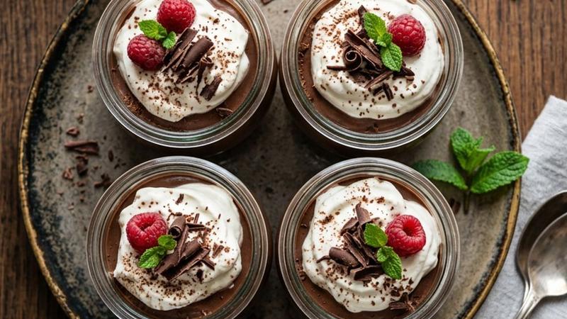Glass jars filled with rich chocolate pudding topped with whipped cream and chocolate shavings