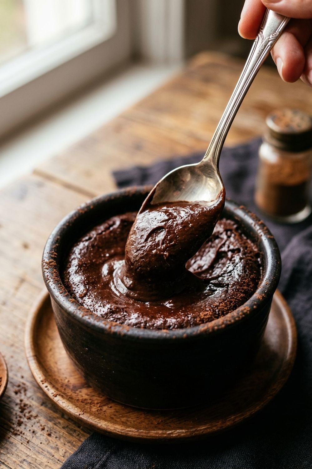 Chocolate pudding being poured into small glass jars on a serving tray