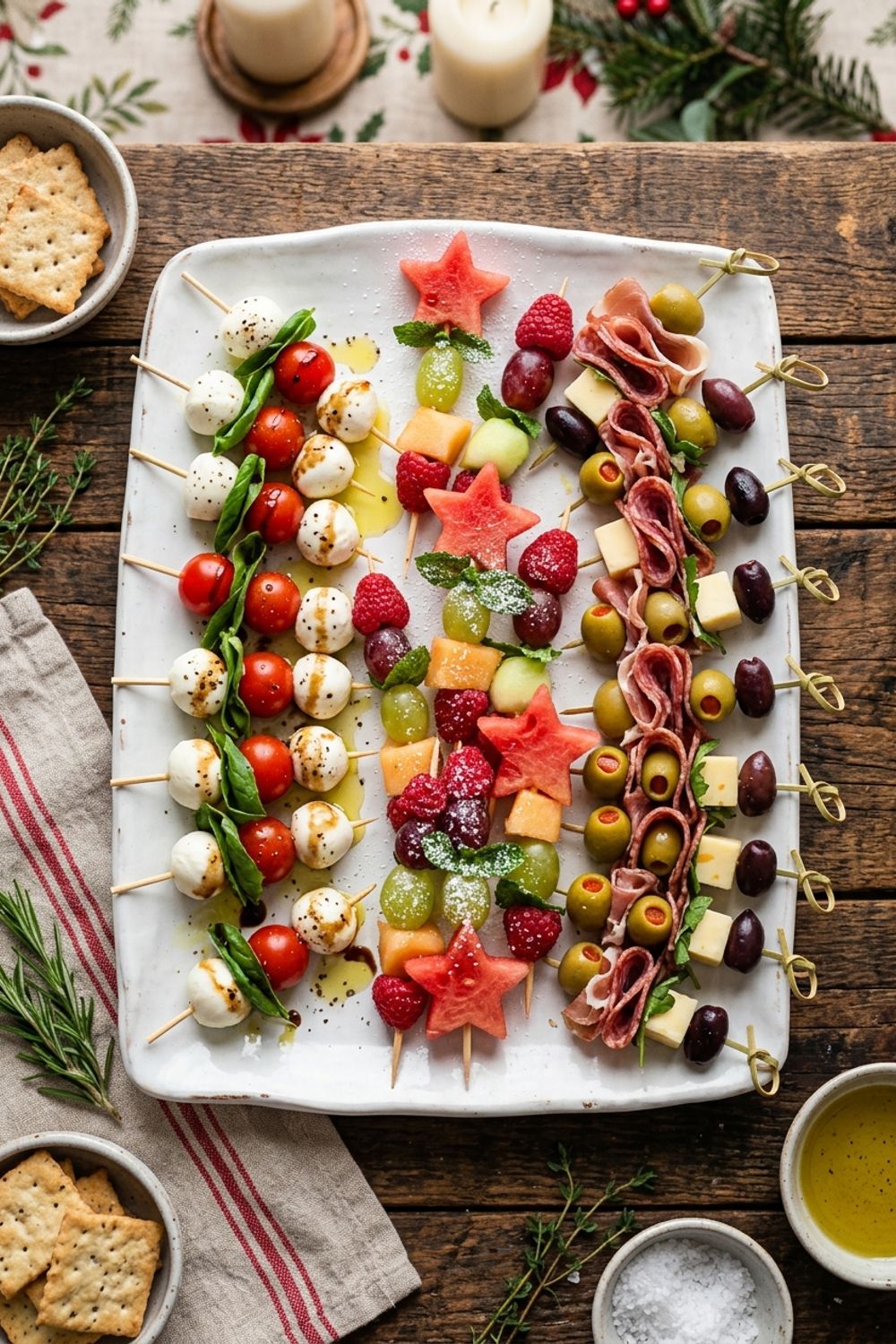 Festive Christmas appetizer skewers arranged on a white platter with caprese, antipasto, and fruit varieties