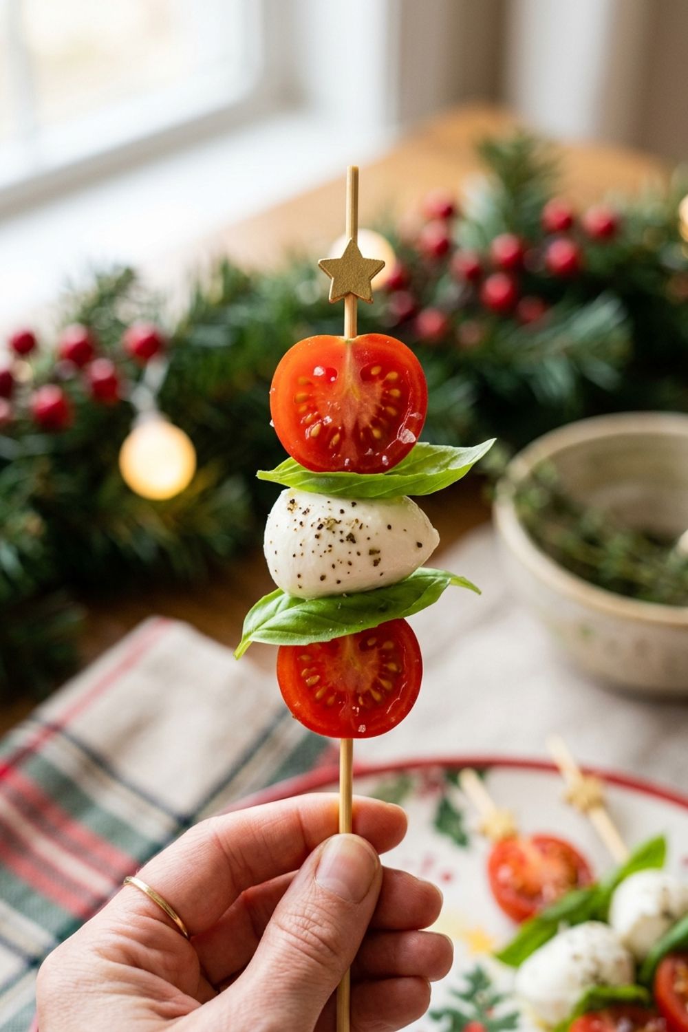 Close-up of Christmas appetizer skewers showing caprese variety with balsamic glaze drizzle