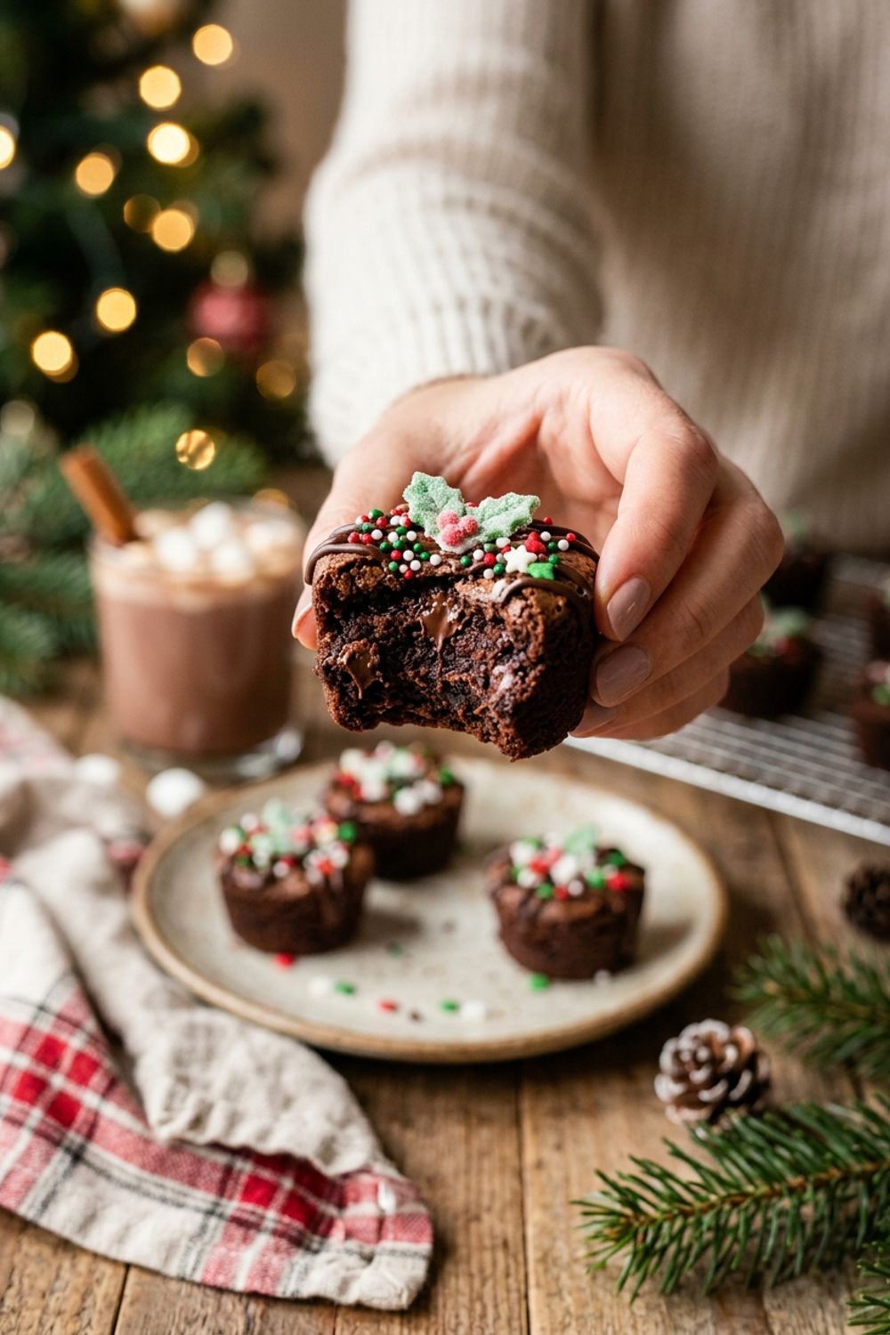 Christmas brownie bites being decorated with peppermint frosting swirl and holiday sprinkles