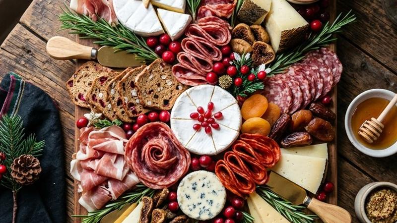 Stunning Christmas charcuterie board with cured meats, cheeses, cranberries, rosemary sprigs, and crackers on a wooden board