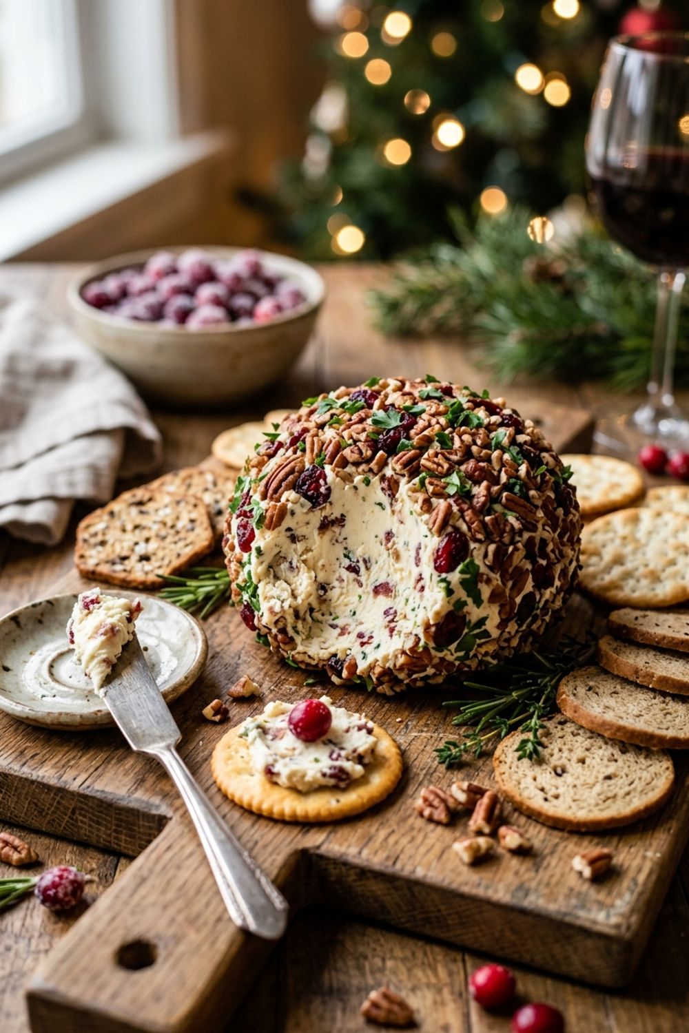 Close-up of three Christmas cheese balls showing cranberry pecan, herb, and everything bagel coatings with crackers