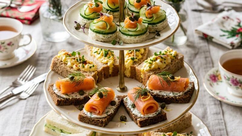 Platter of assorted Christmas finger sandwiches arranged in rows with cranberry and herb garnishes