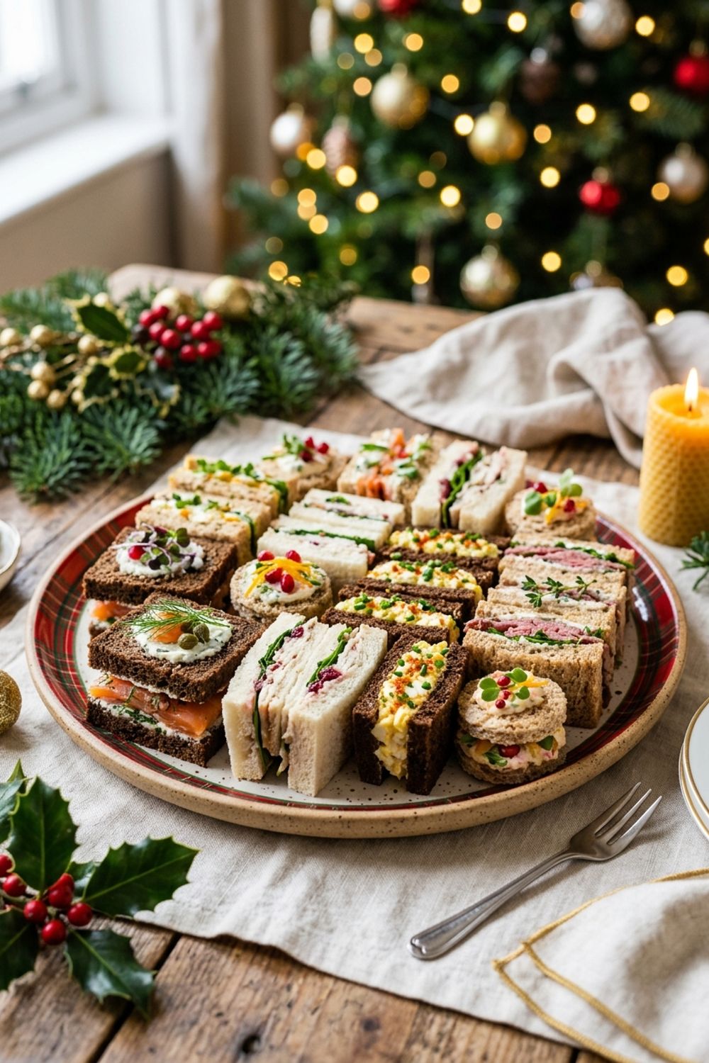Assorted Christmas finger sandwiches being prepared on a cutting board with trimmed crusts