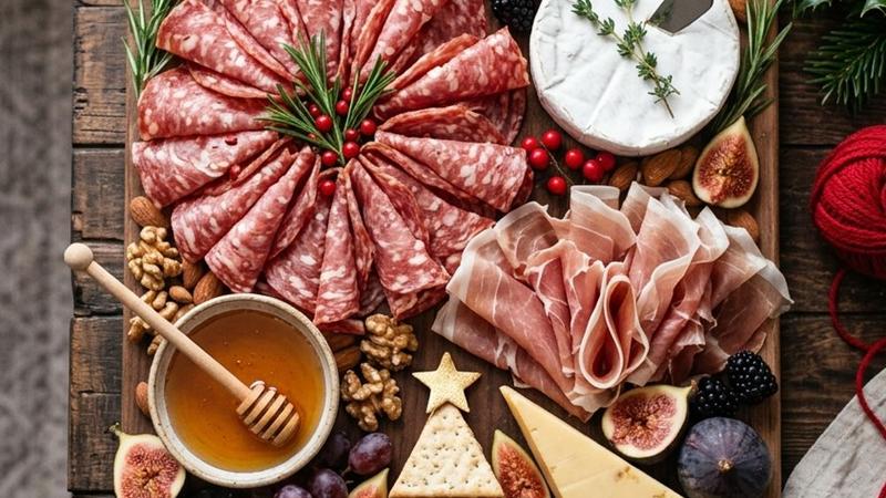 Festive Christmas meat and cheese board with rolled deli meats, cheese slices, crackers, and holiday garnishes