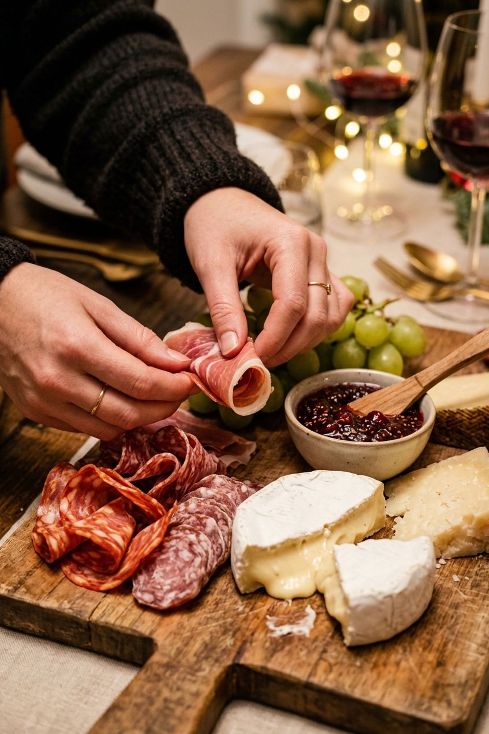 Detail shot of Christmas meat and cheese board showing rolled turkey, folded ham, and cheese slices with holiday garnishes