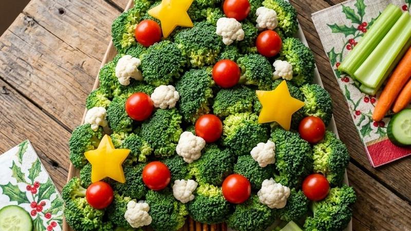 Christmas tree shaped vegetable platter with broccoli, cherry tomatoes, and a star-shaped cheese topper on a white serving board