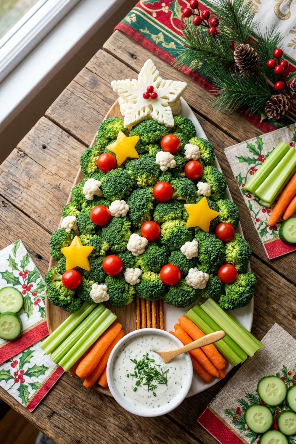 Christmas tree shaped vegetable platter with broccoli, cherry tomatoes, and a star-shaped cheese topper on a white serving board