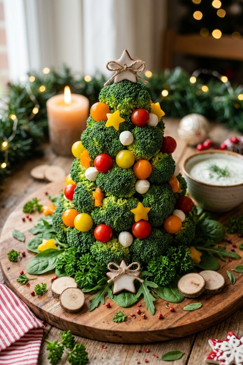 Close-up of Christmas veggie tree showing broccoli detail, cherry tomato ornaments, and bell pepper star topper