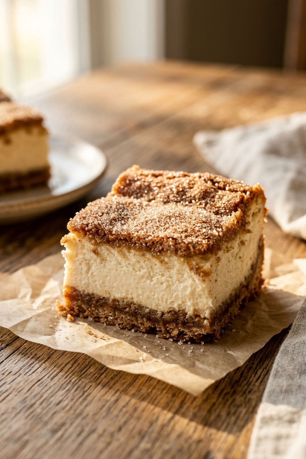 Churro cheesecake with cinnamon sugar topping being sprinkled over the surface