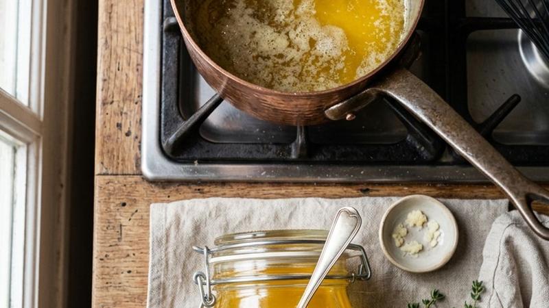 A glass jar of golden clarified butter with a small spoon on a wooden cutting board