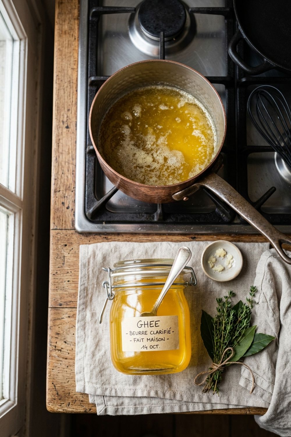 A glass jar of golden clarified butter with a small spoon on a wooden cutting board