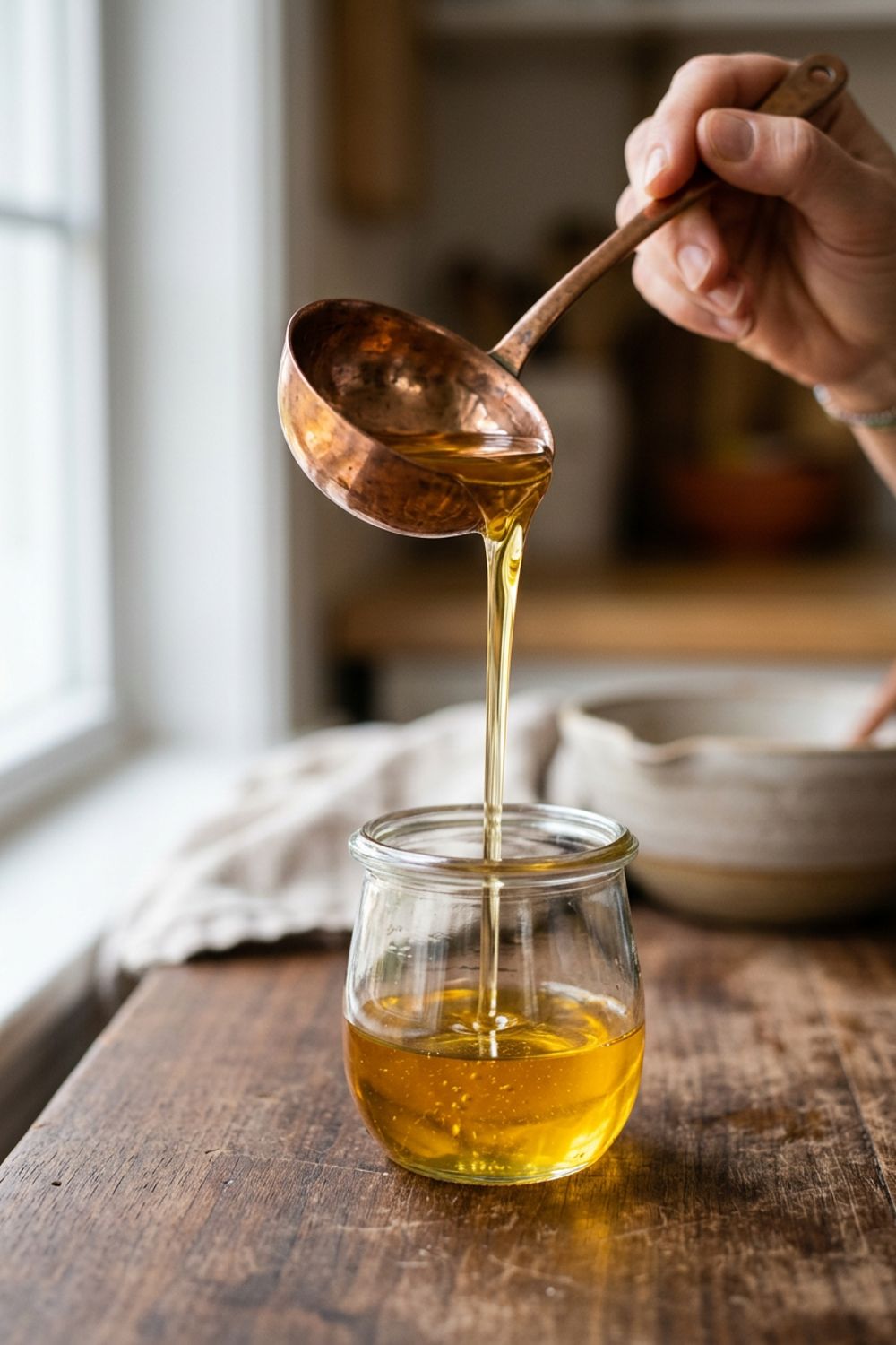 Clarified butter being strained through cheesecloth into a glass jar, showing the clear golden liquid