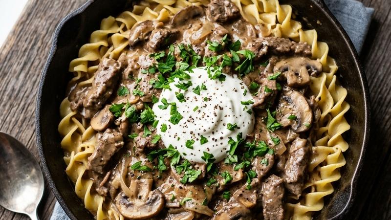 Creamy beef stroganoff with tender beef strips and mushrooms in rich sour cream sauce served over egg noodles, garnished with fresh parsley