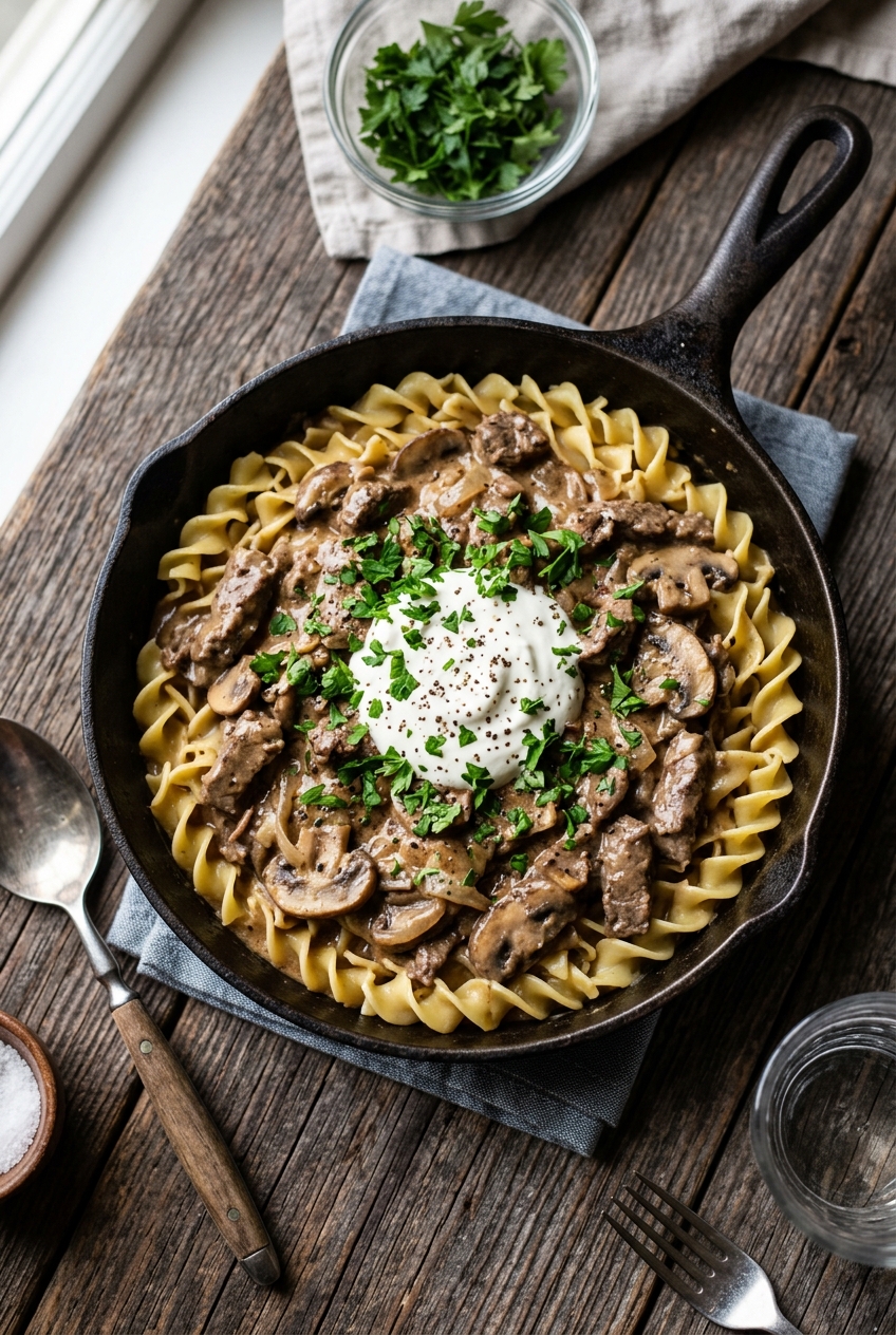 Creamy beef stroganoff with tender beef strips and mushrooms in rich sour cream sauce served over egg noodles, garnished with fresh parsley