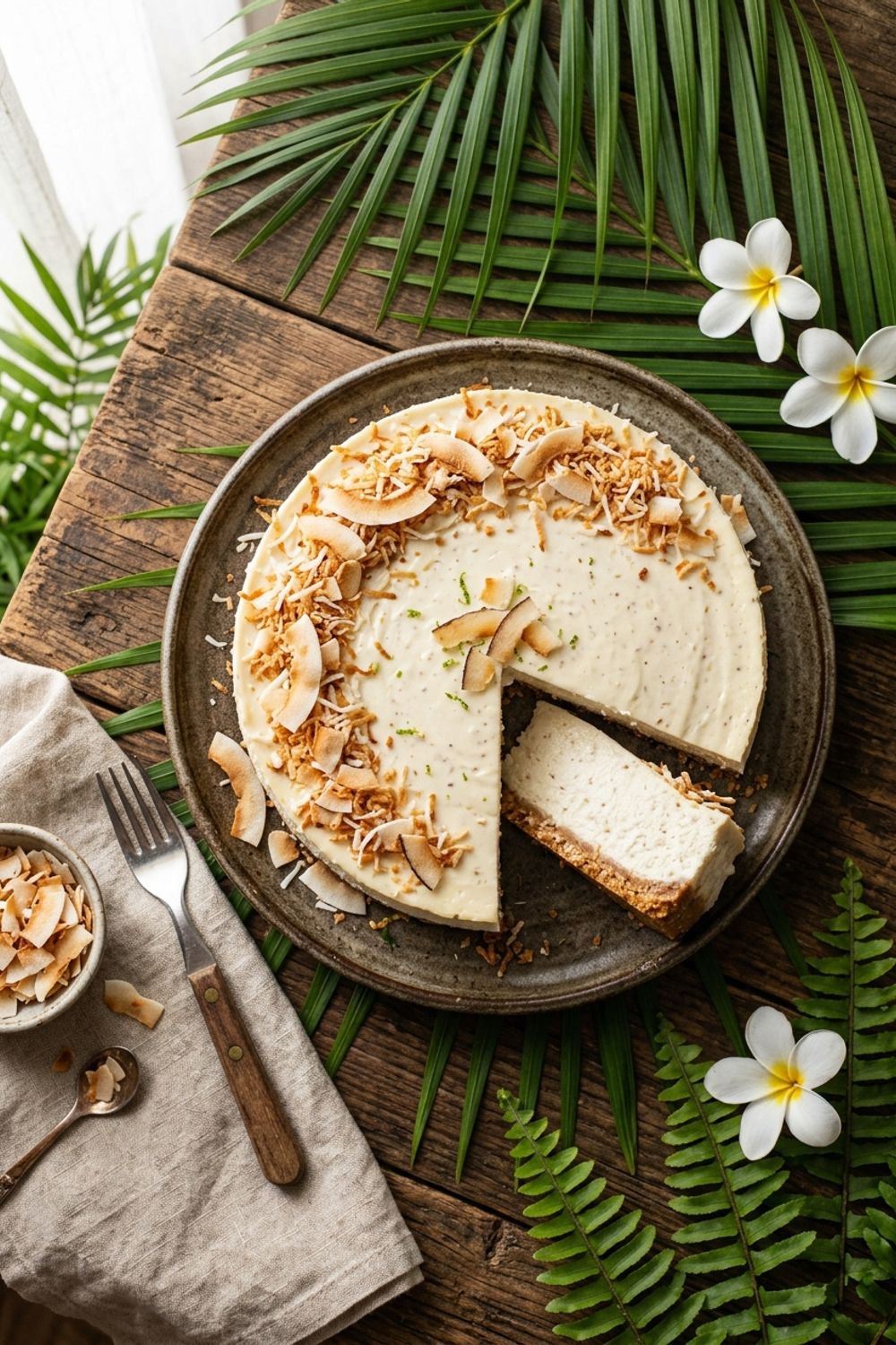 Whole coconut cheesecake topped with toasted coconut flakes on a wooden cake stand