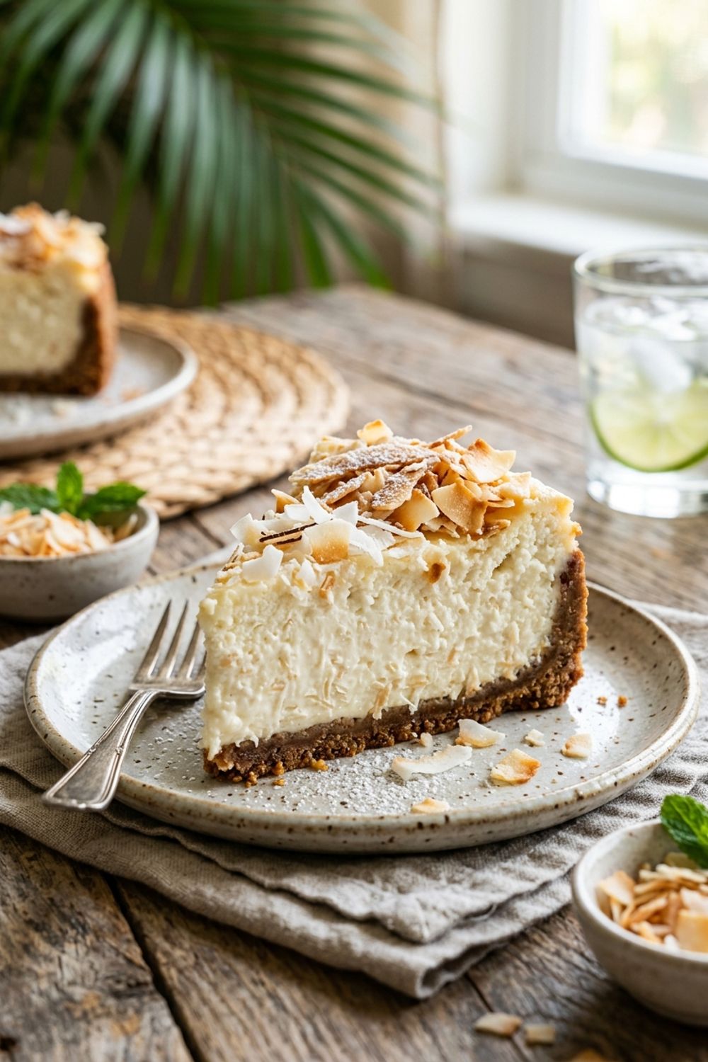 Slice of coconut cheesecake on a plate with toasted coconut and whipped cream